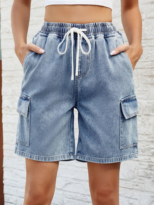 Drawstring Denim Shorts in Dusty Blue by Manny