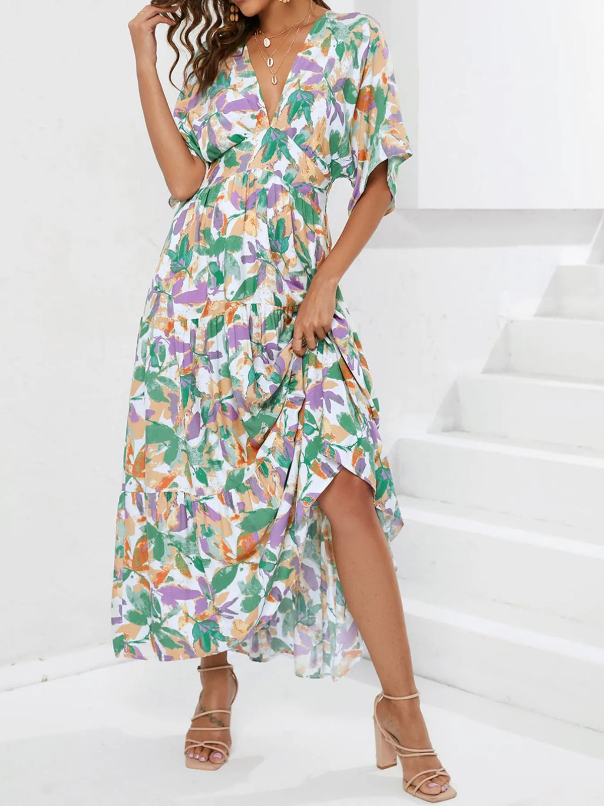 Floral Print V-Neck Boho Midi Dress in Gum Leaf