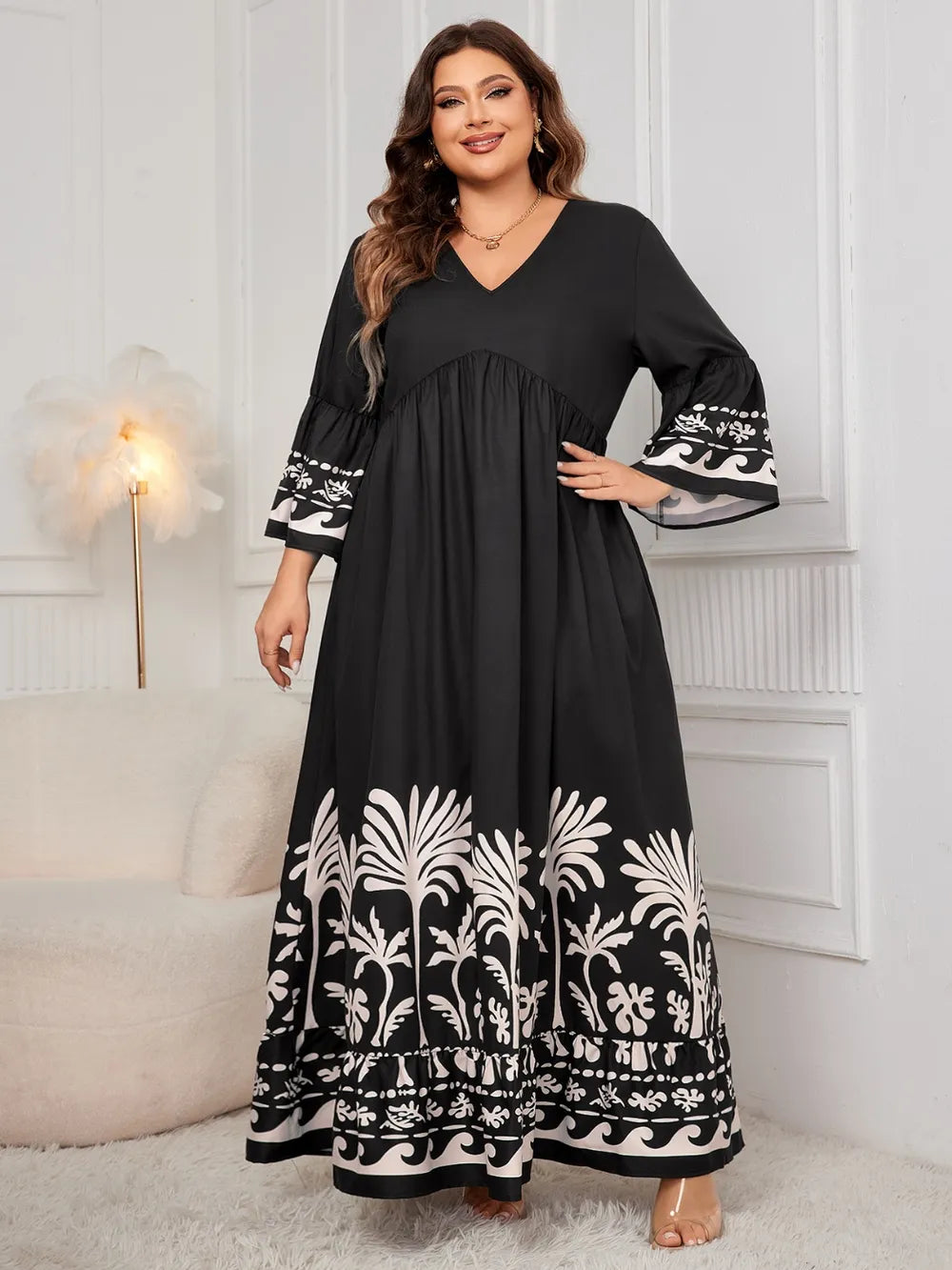 Printed V-Neck Long-Sleeve Maxi Dress in Black, Plus Size