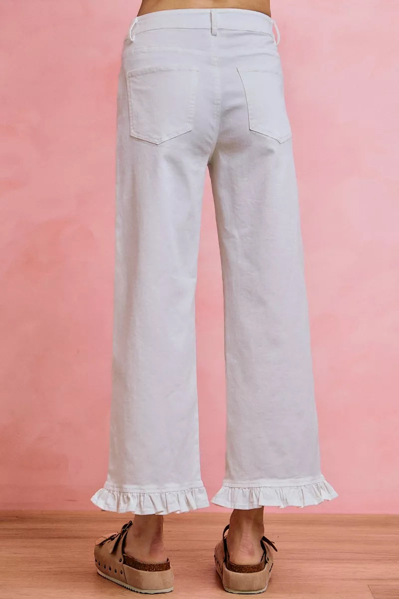 So Me Ruffled Hem Mid Rise Jeans in White