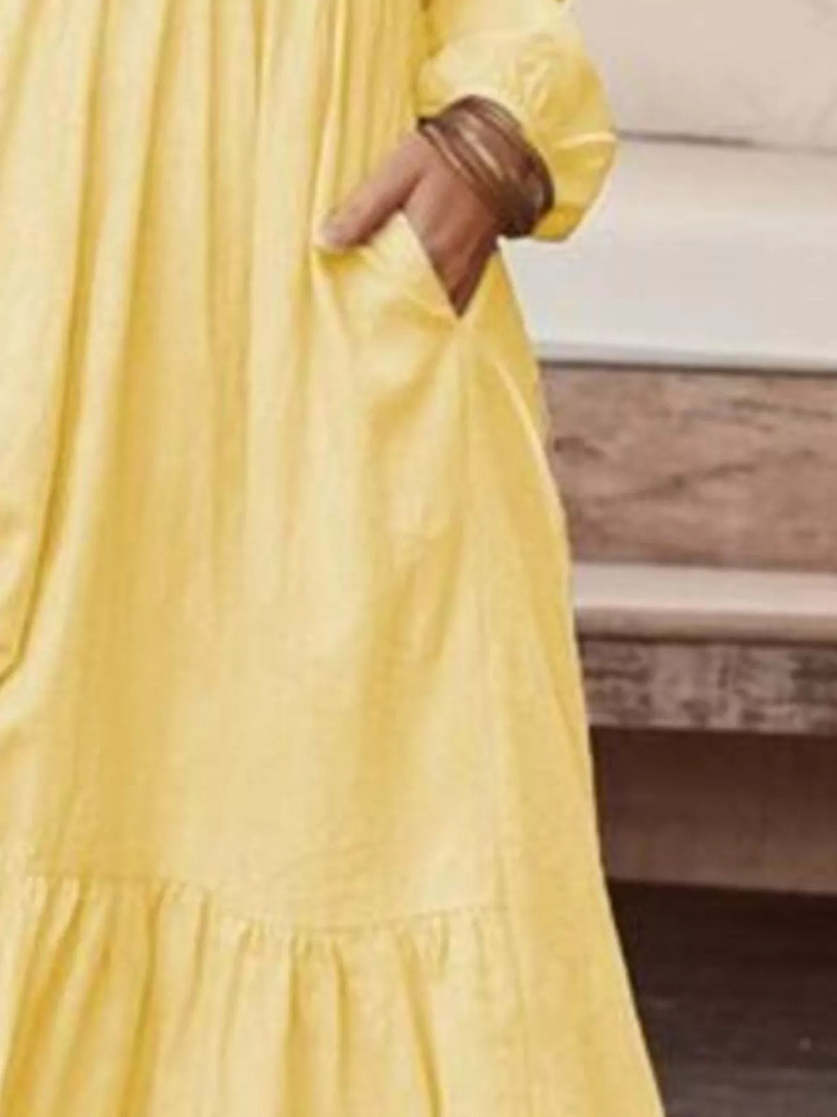 V-Neck Long Sleeve Tiered Maxi Dress with Pockets