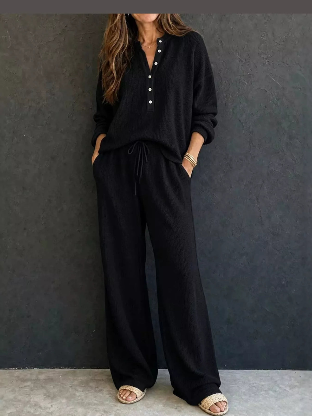 Waffle Knit Button Detail Top and Pants Set