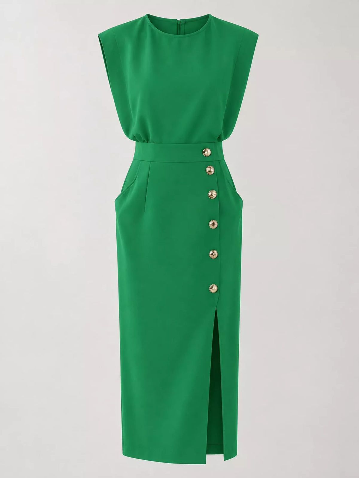 Sleeveless Midi Dress with Gold Button Detail