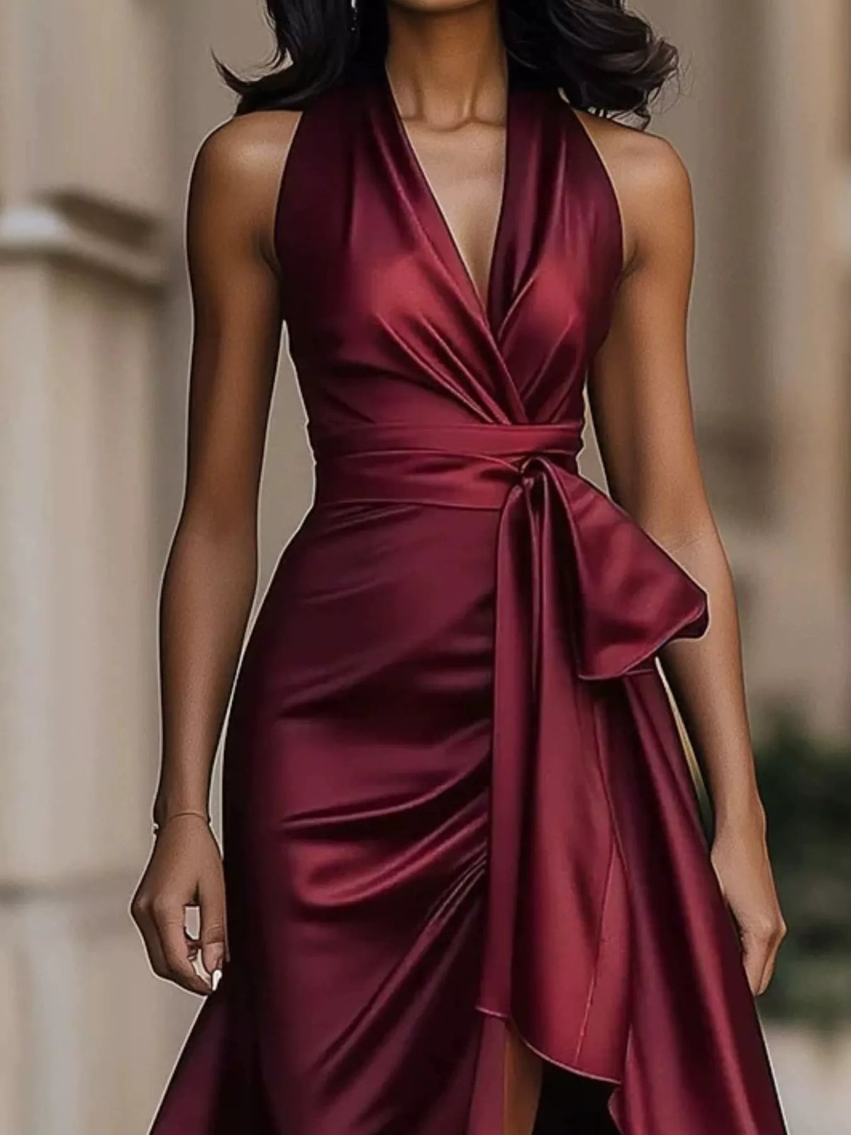 High-Low Ruffled Satin Maxi Dress