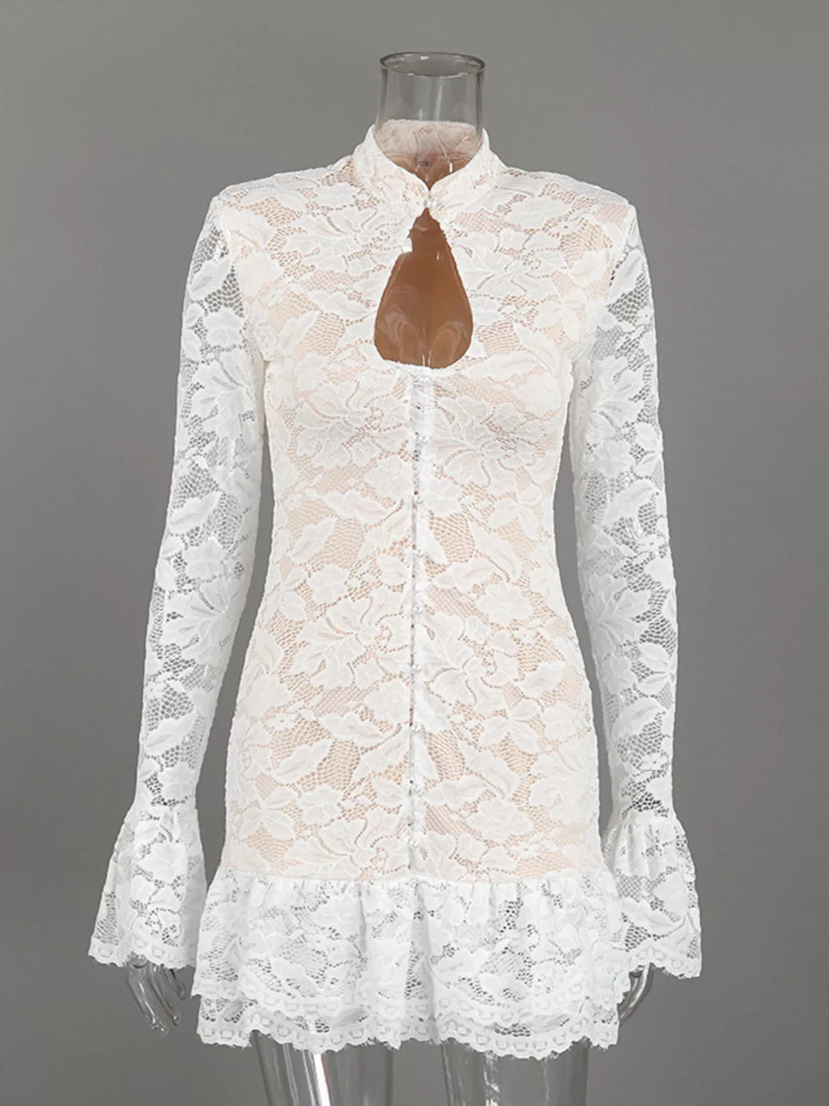 Lace Long-Sleeve Ruched Mini Dress in White