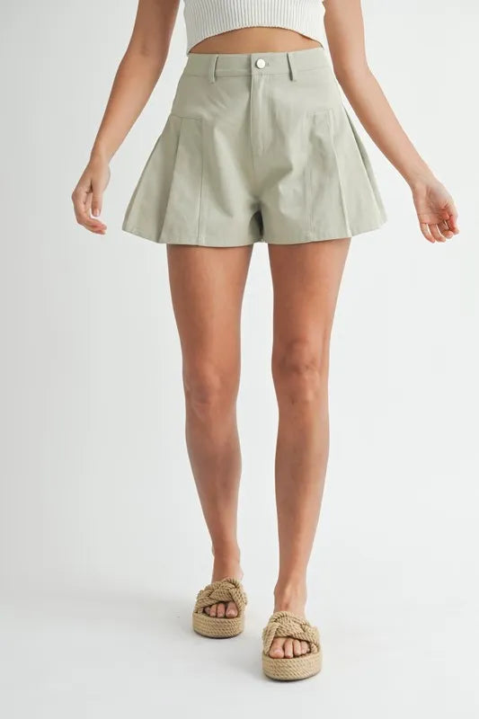 Pleated High Waist Twill Shorts in Sage