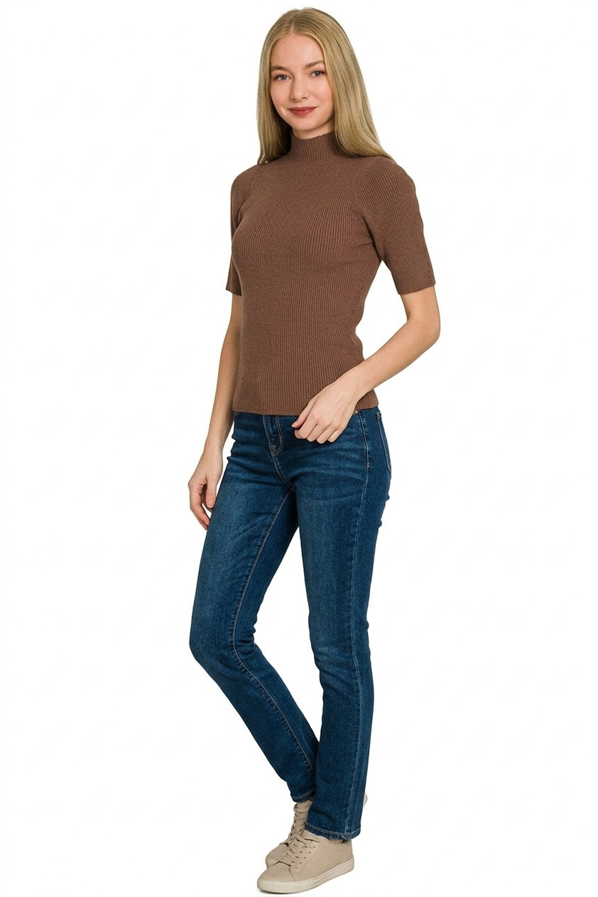 Zenana Ribbed Mock Neck Sweater in Brown