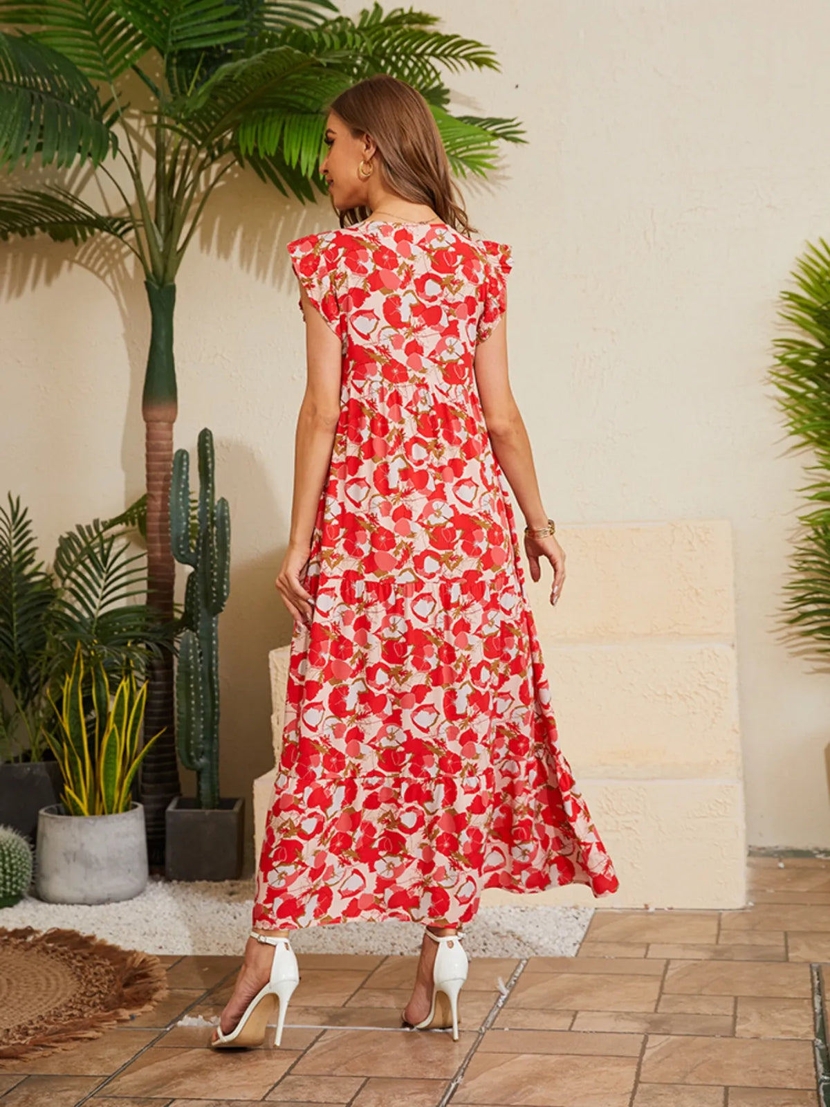 Floral V-Neck Cap Sleeve Summer Dress by Elaine