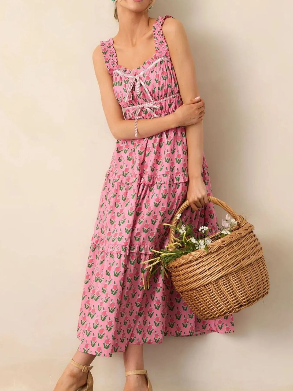 Floral Print Ruffled Midi Dress with Pockets in Pink