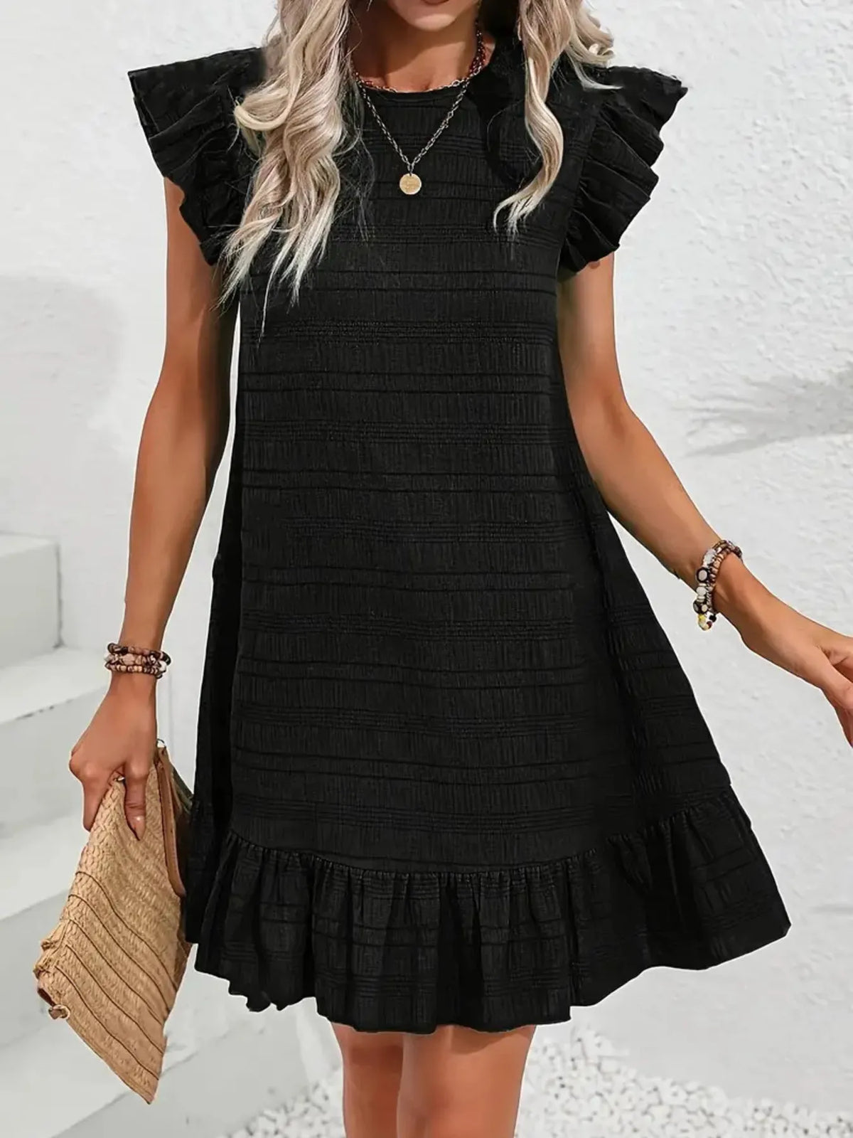 Ruffled Flutter Sleeve Textured Mini Dress