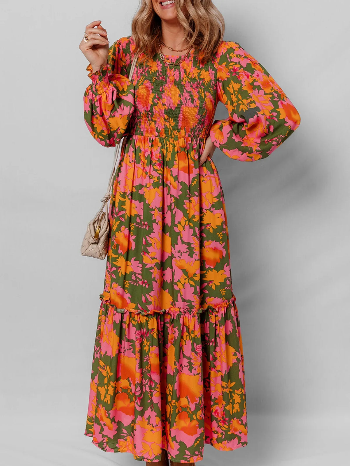 Smocked Floral Maxi Dress with Long Sleeves