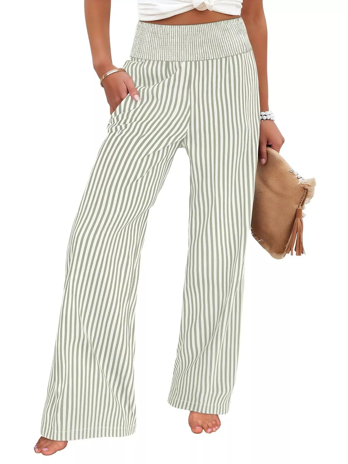 Striped Smocked Wide-Leg Pants