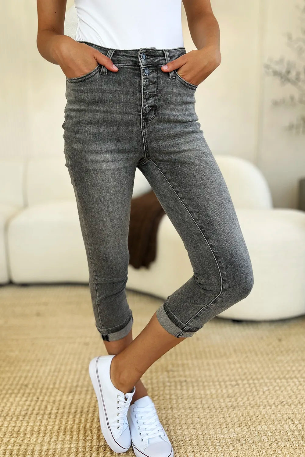 Judy Blue Button Fly High Waist Cuffed Capris in Gray
