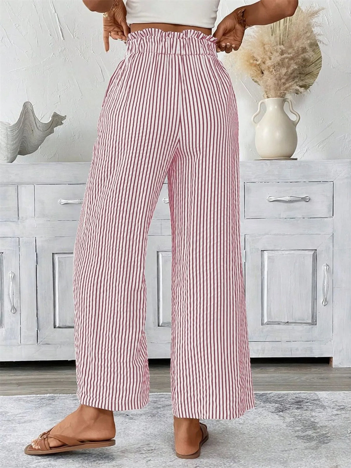 Striped Wide Leg Paper Bag Pants