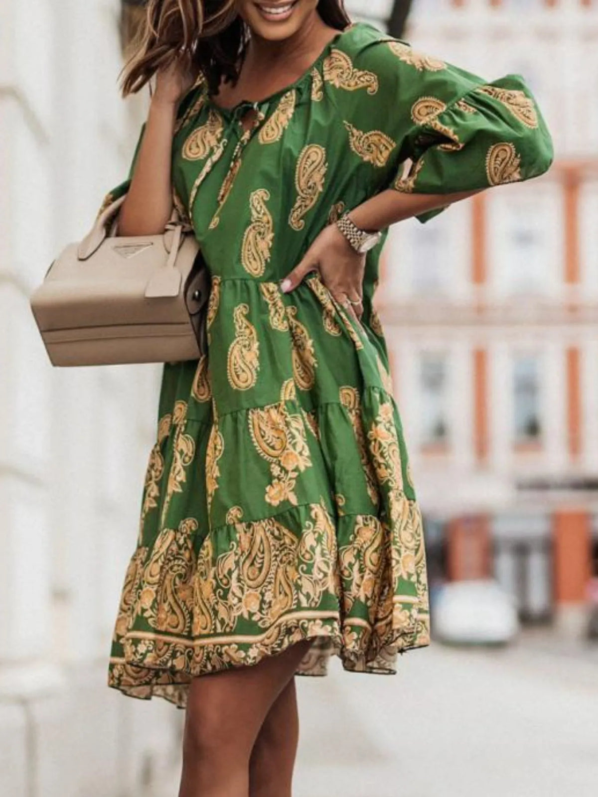 Paisley Tie-Neck Ruffled Half Sleeve Mini Dress