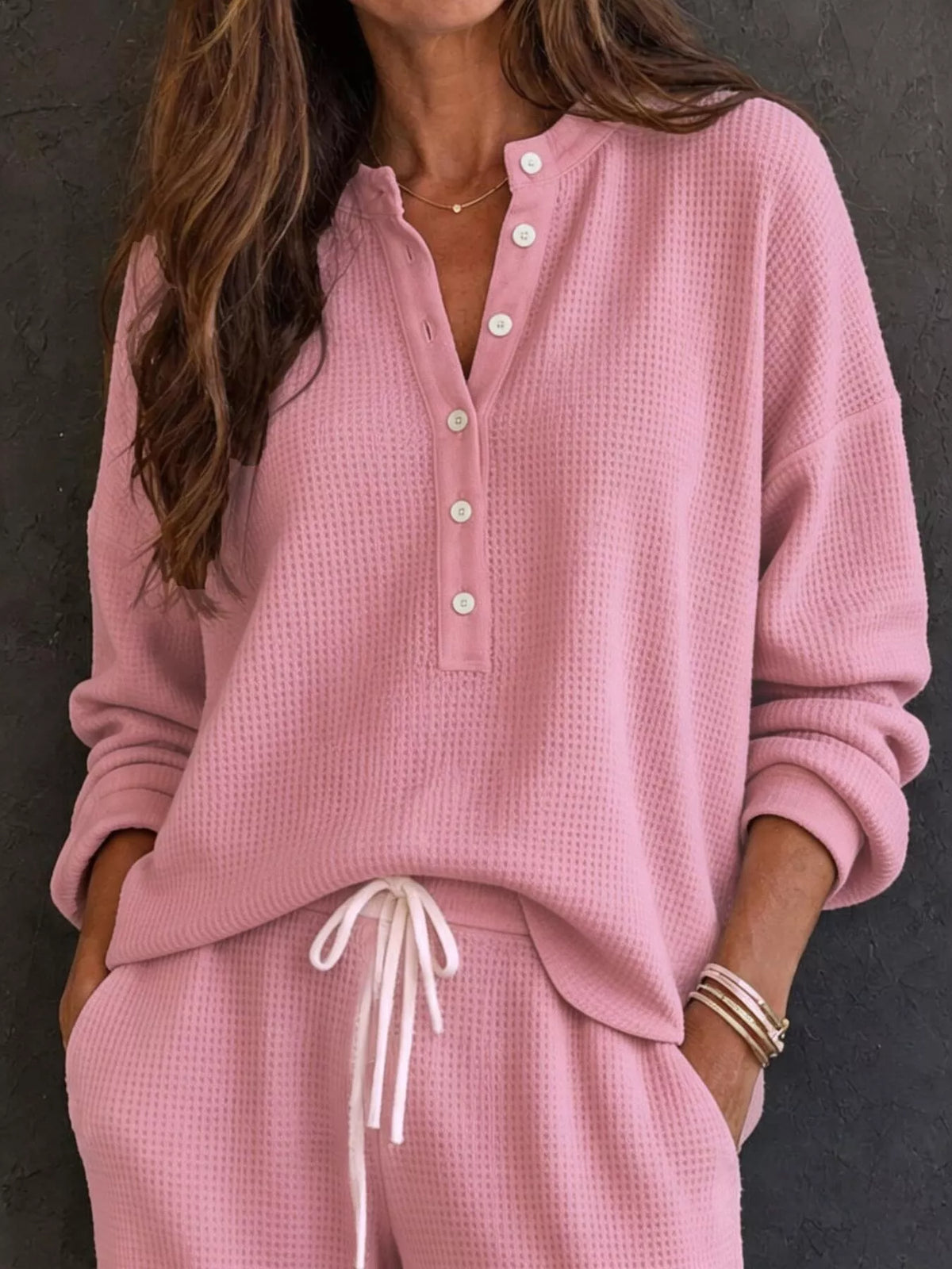 Waffle-Knit Button Detail Top and Pants Set