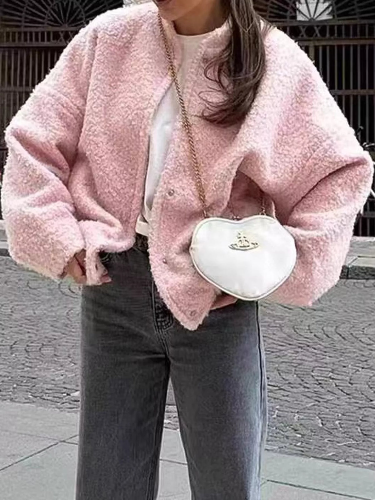 Teddy Fleece Dropped Shoulder Jacket in Pink in Pink-In Stock
