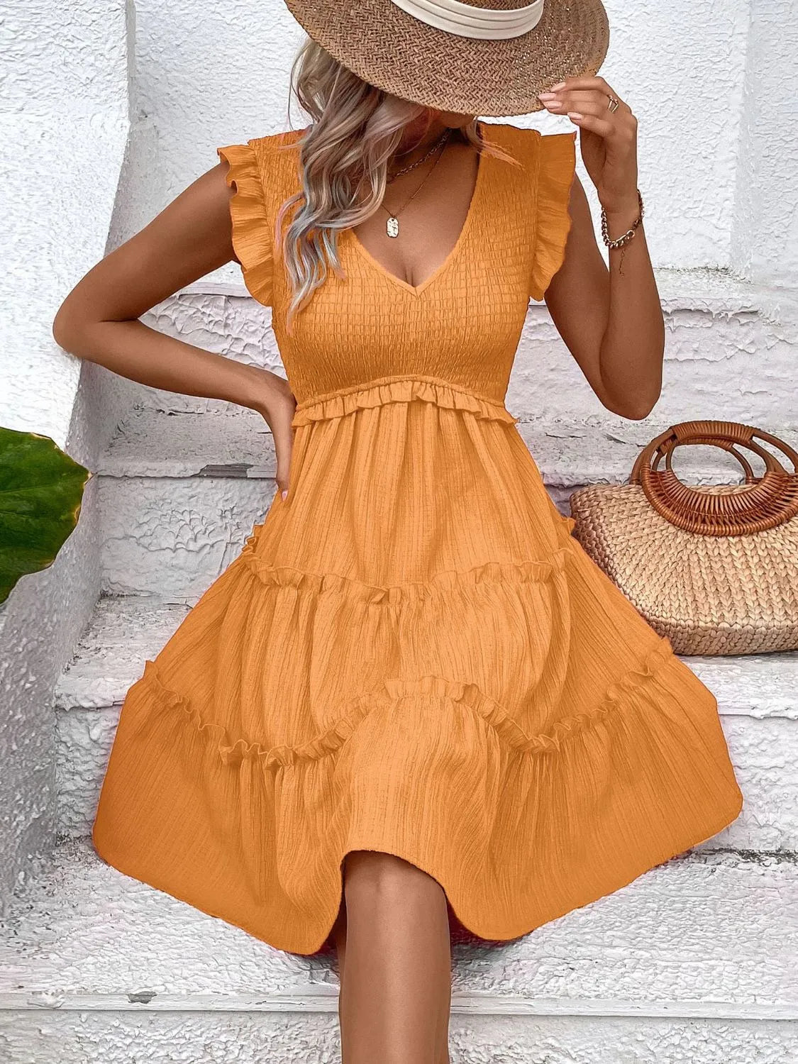 Ruffled V-Neck Cap Sleeve Dress with Smocking
