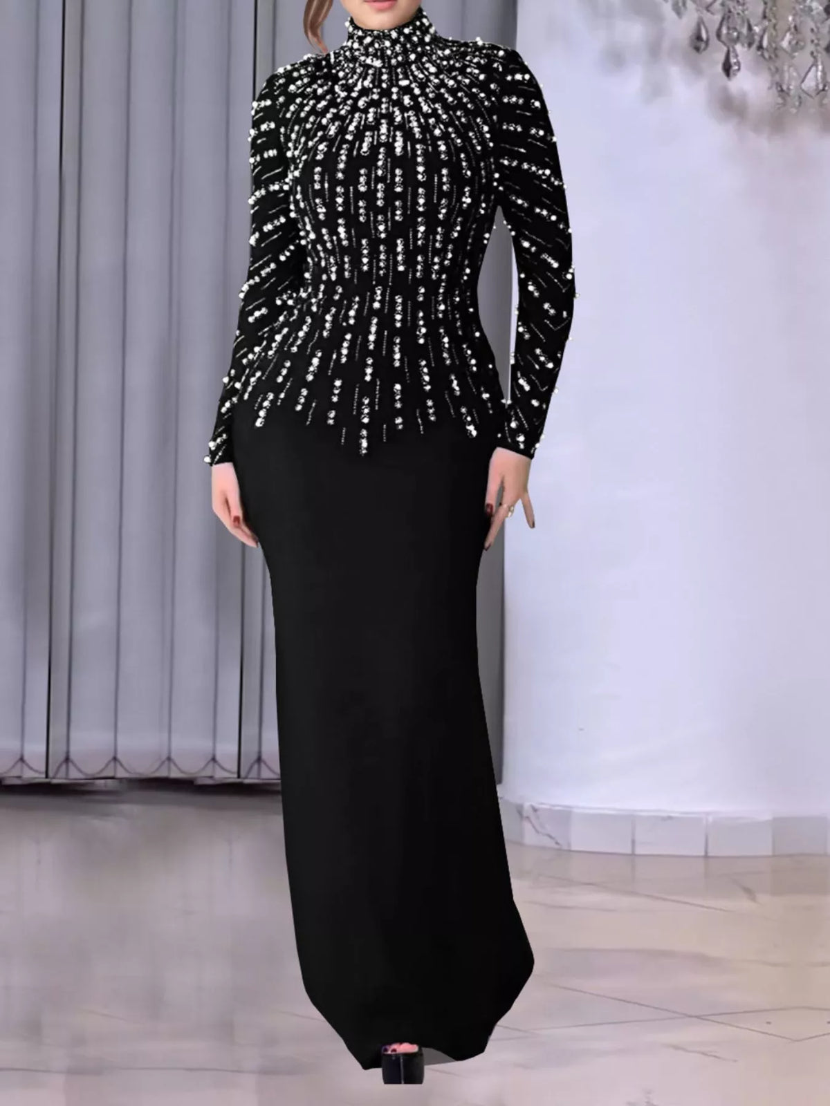 Pearl Detail Mock Neck Maxi Dress in Black