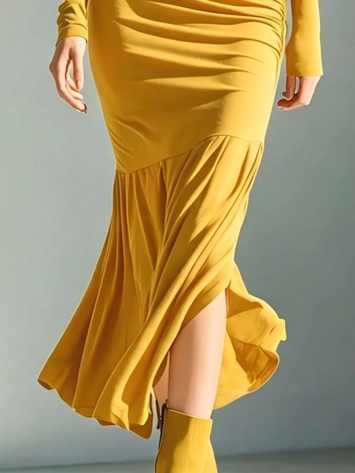 Slit Turtleneck Ruched Bodycon Mermaid Dress, Full Size