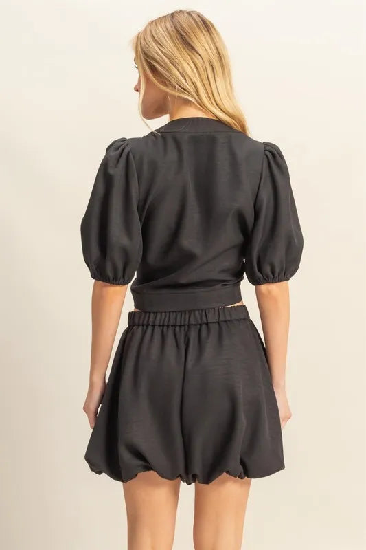 Hyfve Front Tie Top and Bubble Hem Shorts Set in Black