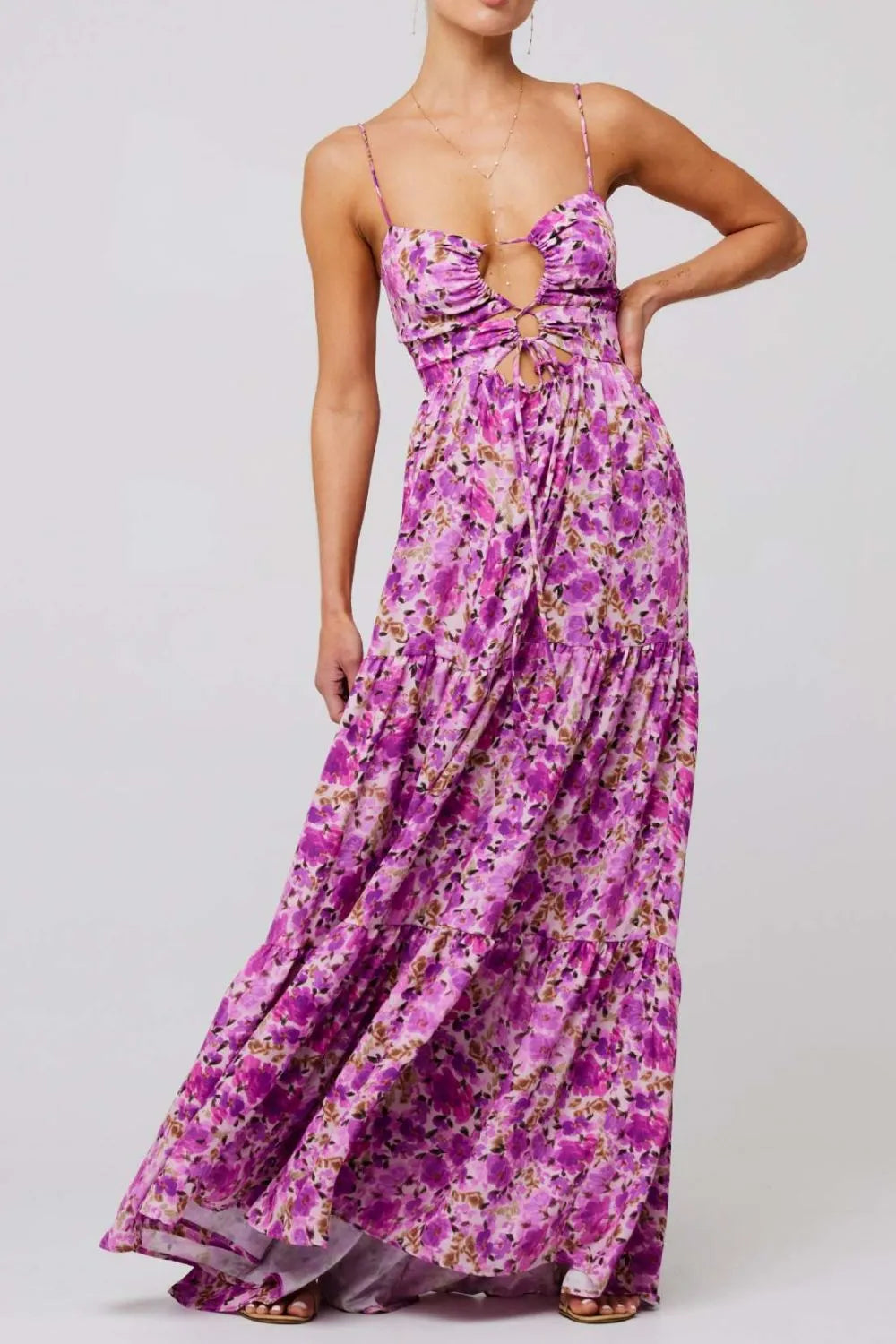 Floral Tie-Front Tiered Maxi Dress