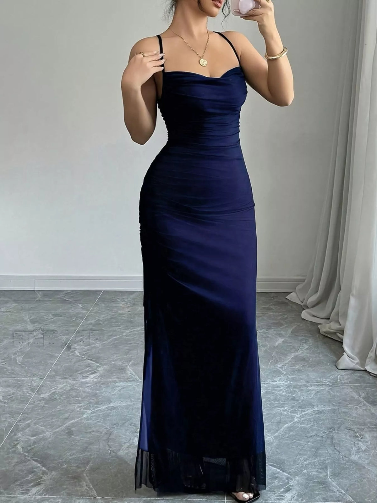 Ruched Slit Maxi Dress in Blue