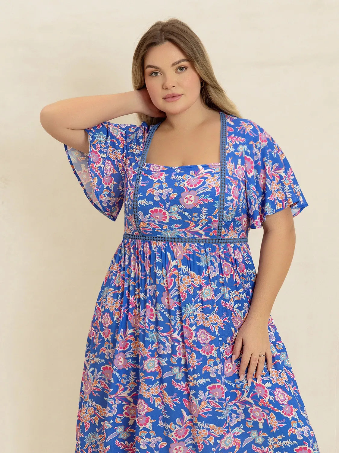 Plus-Size Ruched Short Sleeve Dress in Blue Purple