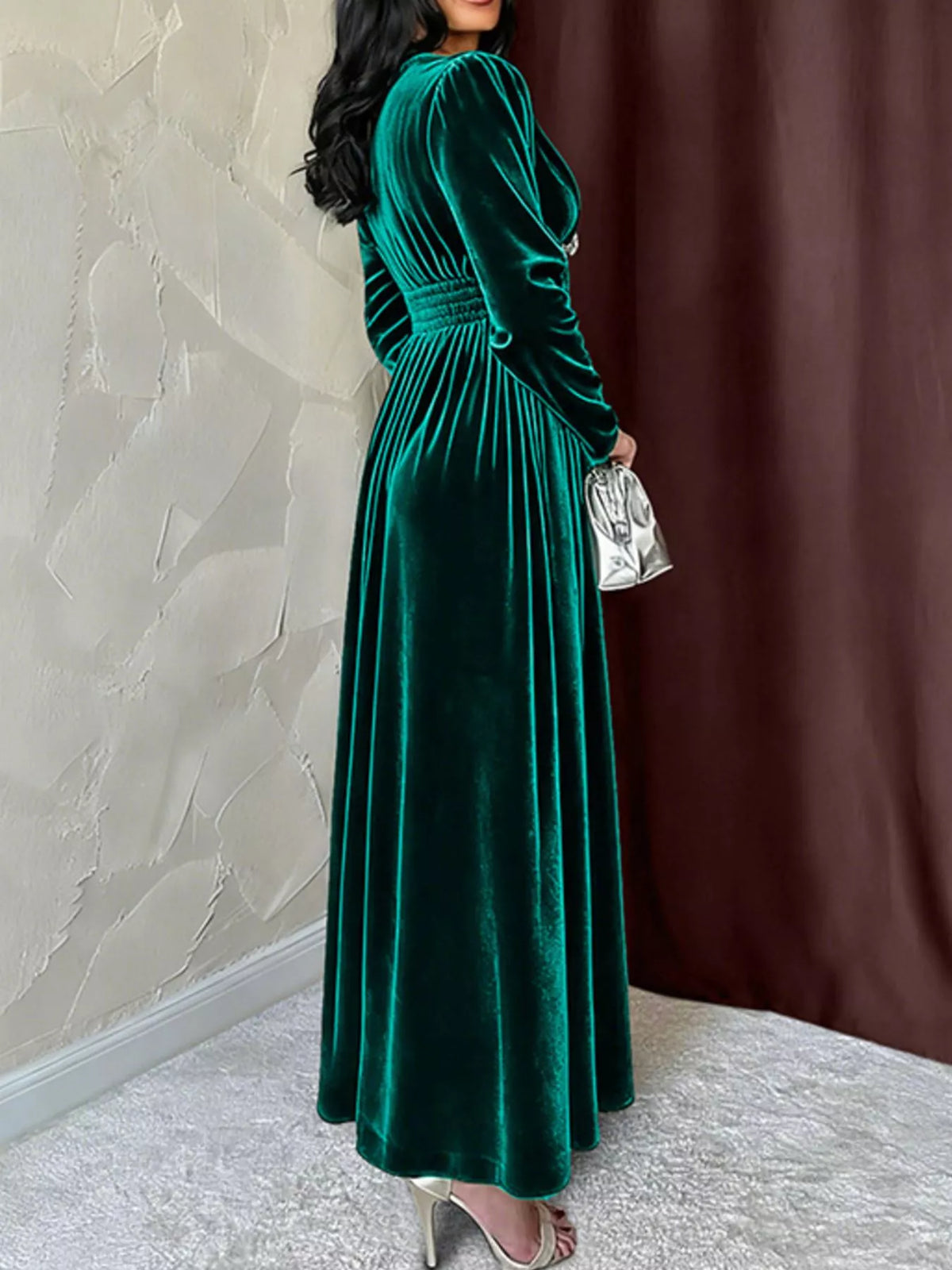 Velvet V-Neck Maxi Dress in Green