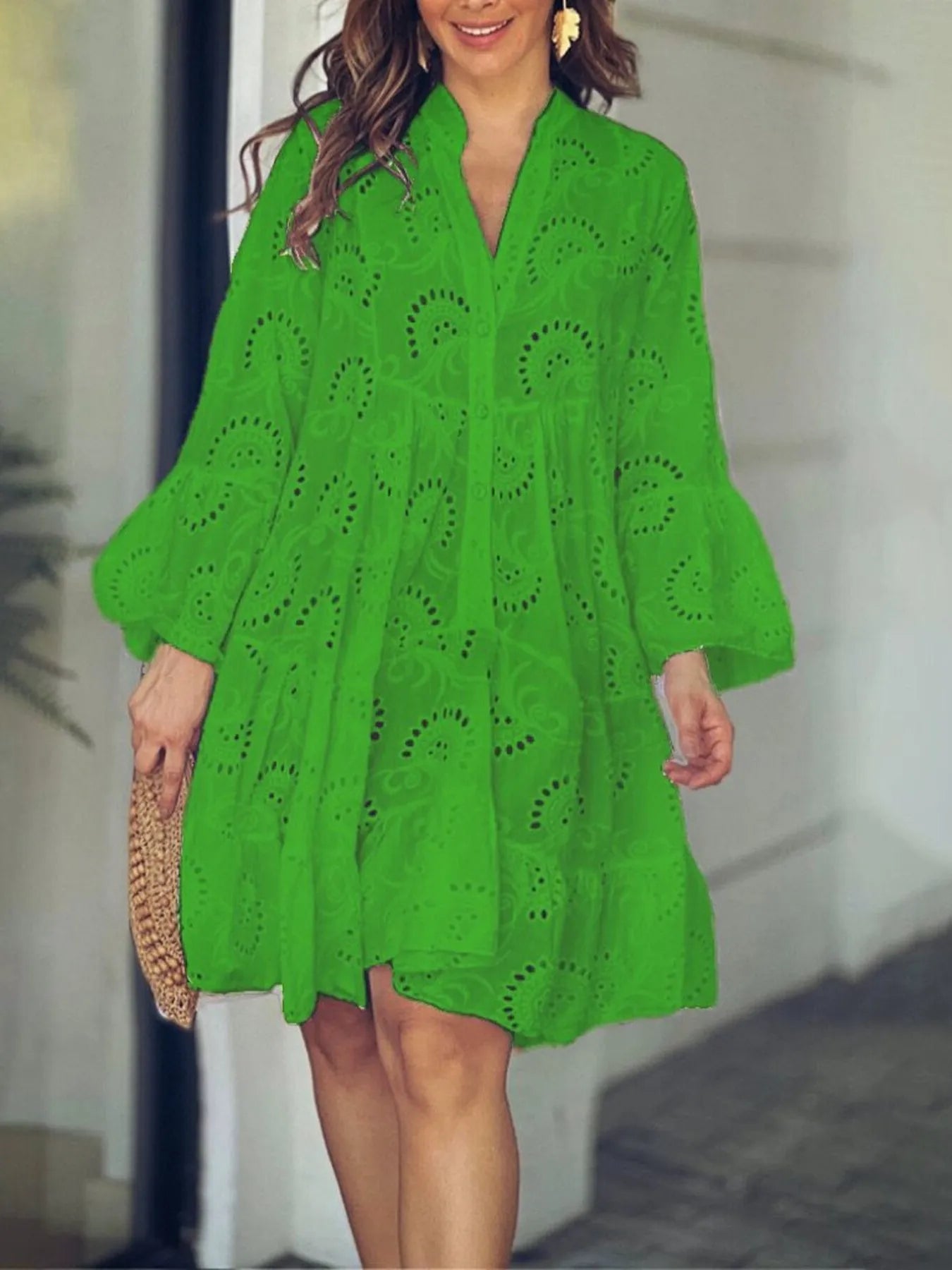 Eyelet V-Neck Tiered Ruffle Dress