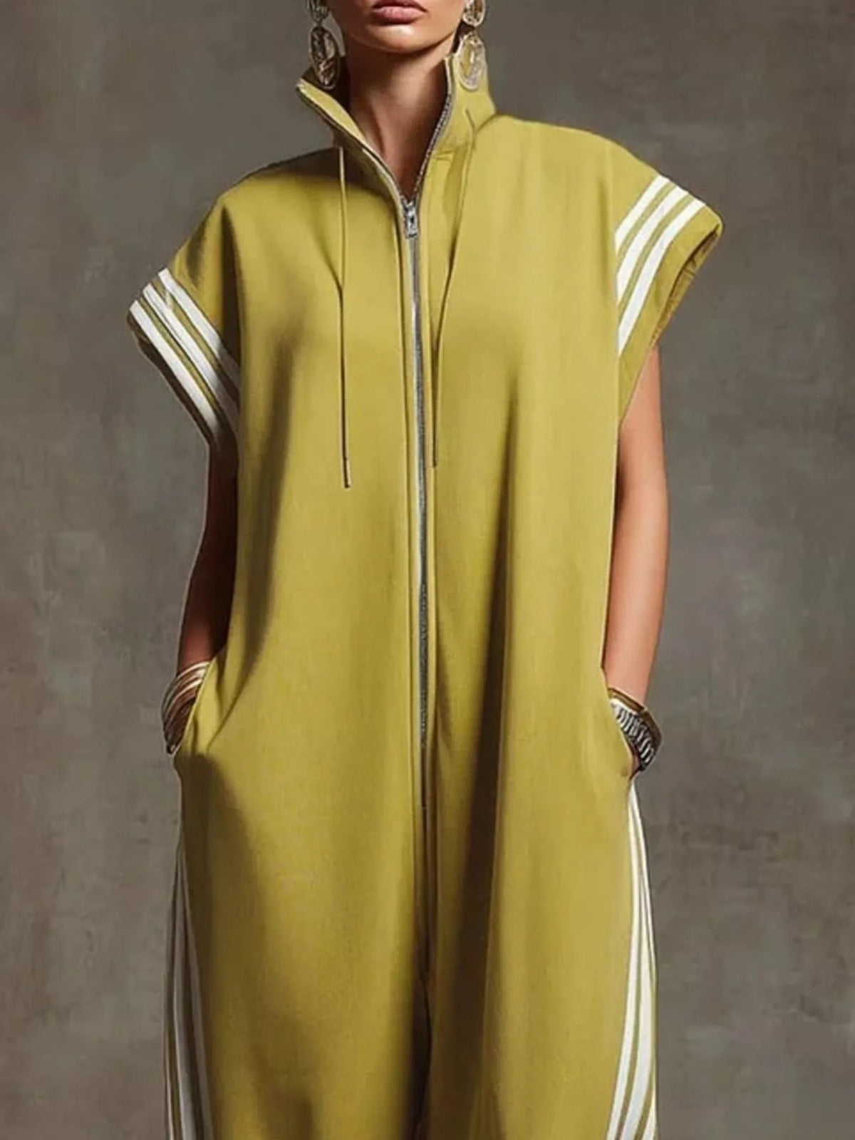 Side Stripe Zip-Front Wide-Leg Jumpsuit