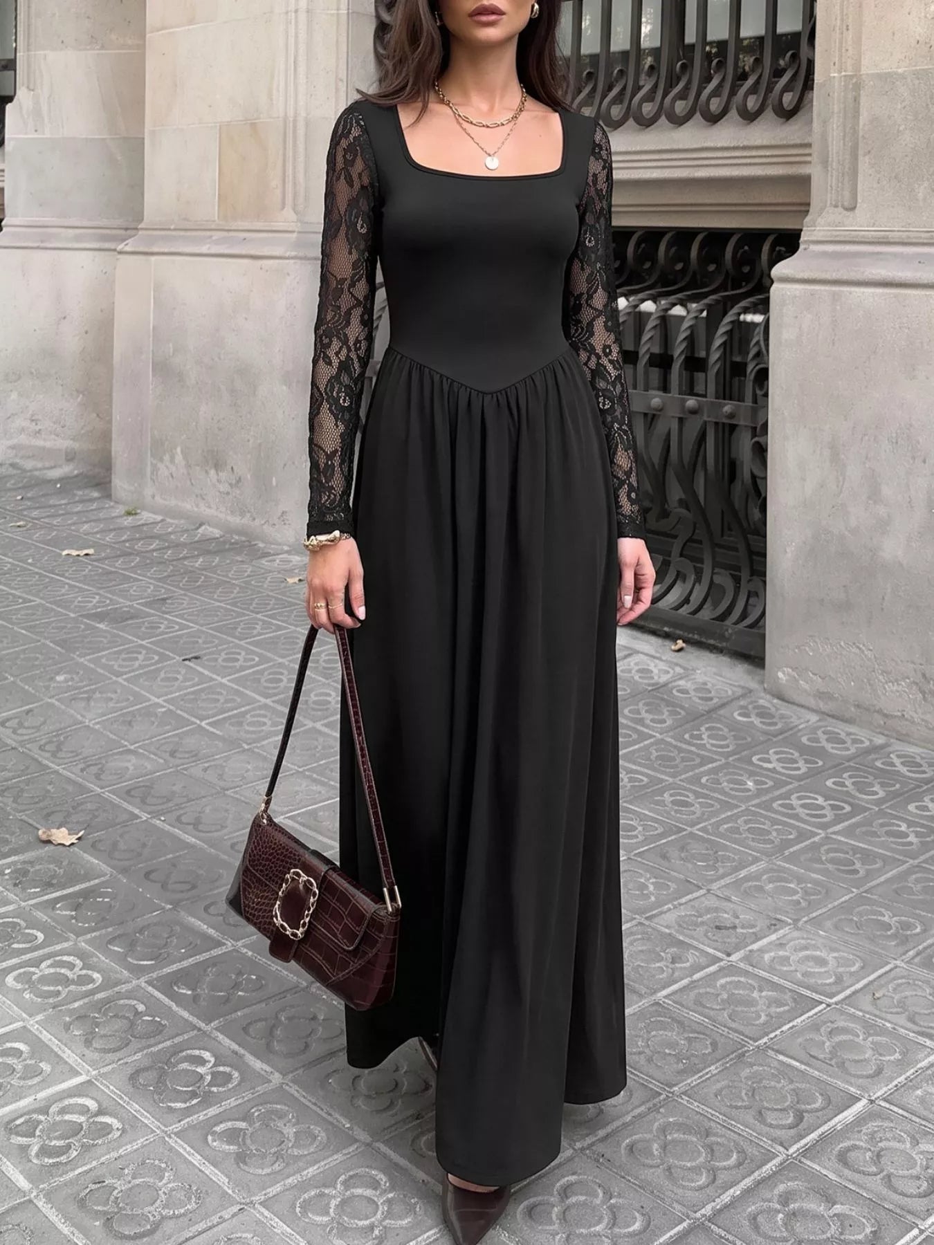 Square Neck Sheer Sleeve Maxi Dress in Black