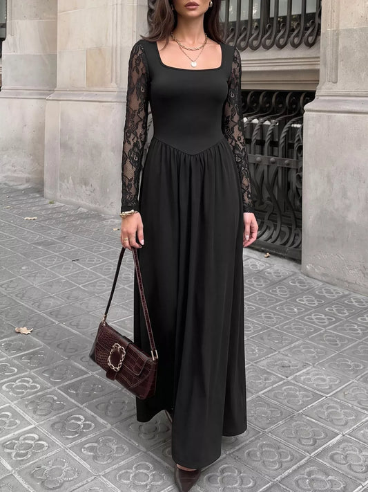 Square Neck Sheer Sleeve Maxi Dress in Black
