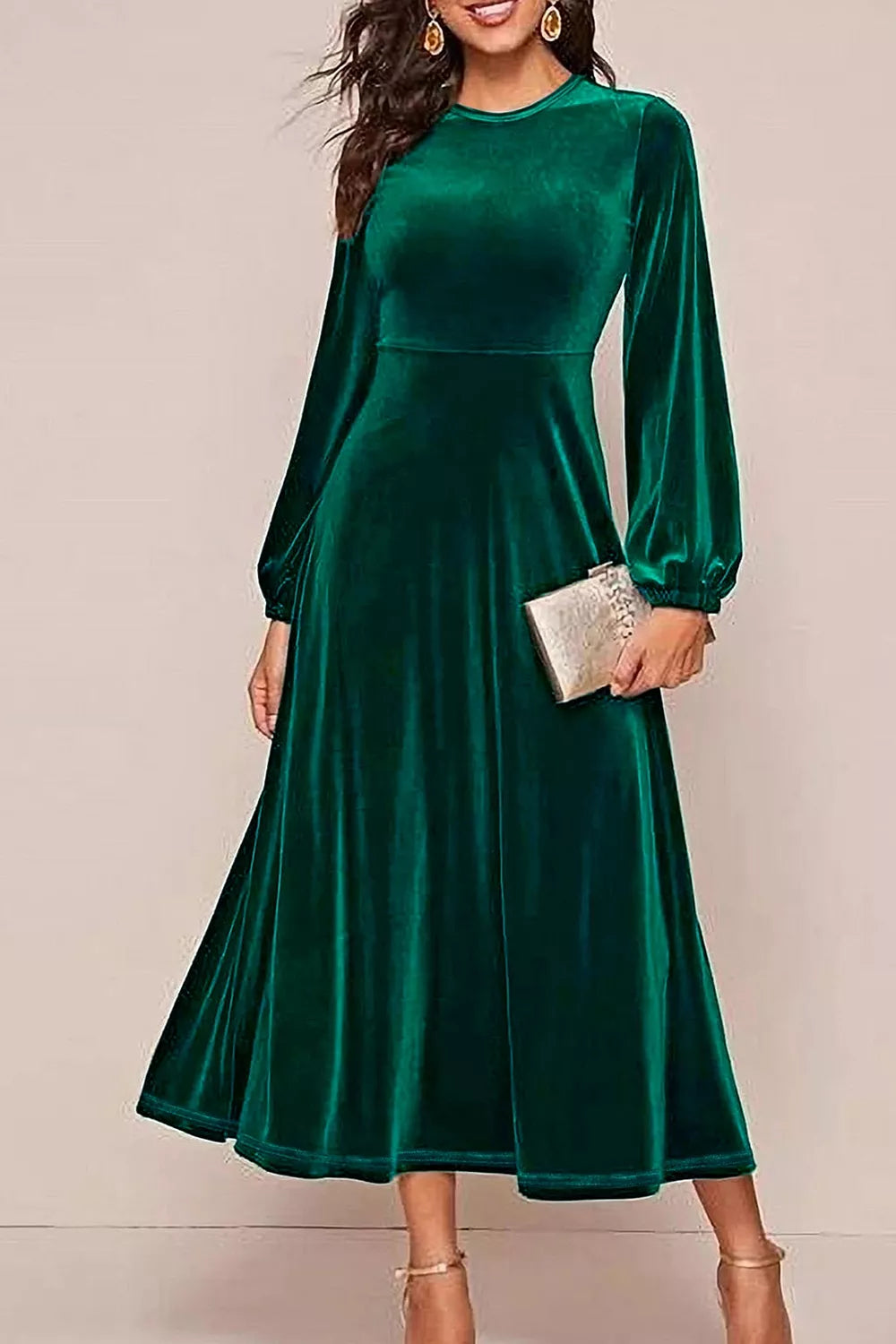 Velvet Balloon Sleeve Maxi Dress in Dark Green