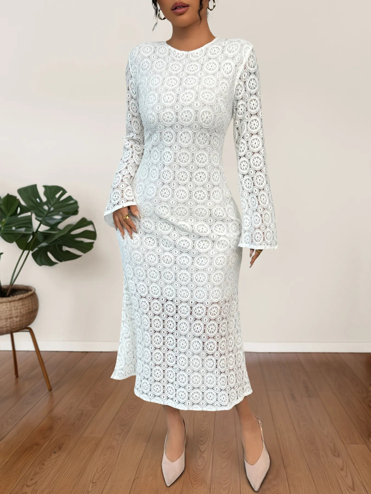 Lace Long Sleeve Midi Dress in White