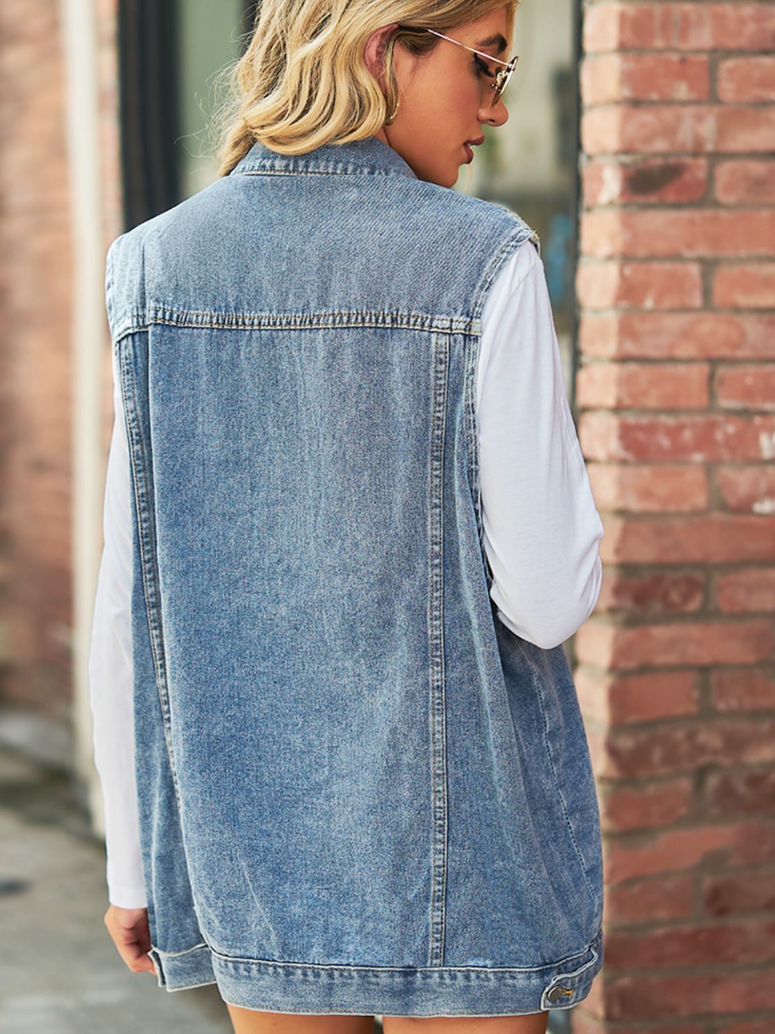Sleeveless Collared Denim Top with Pockets by Moni Wear