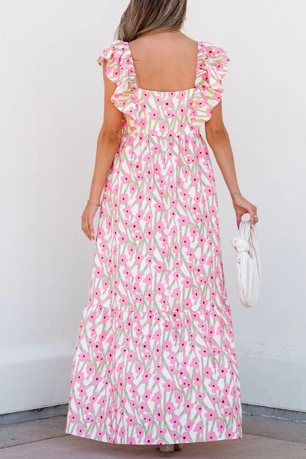 Floral Square Neck Ruffled Maxi Dress in Blush Pink