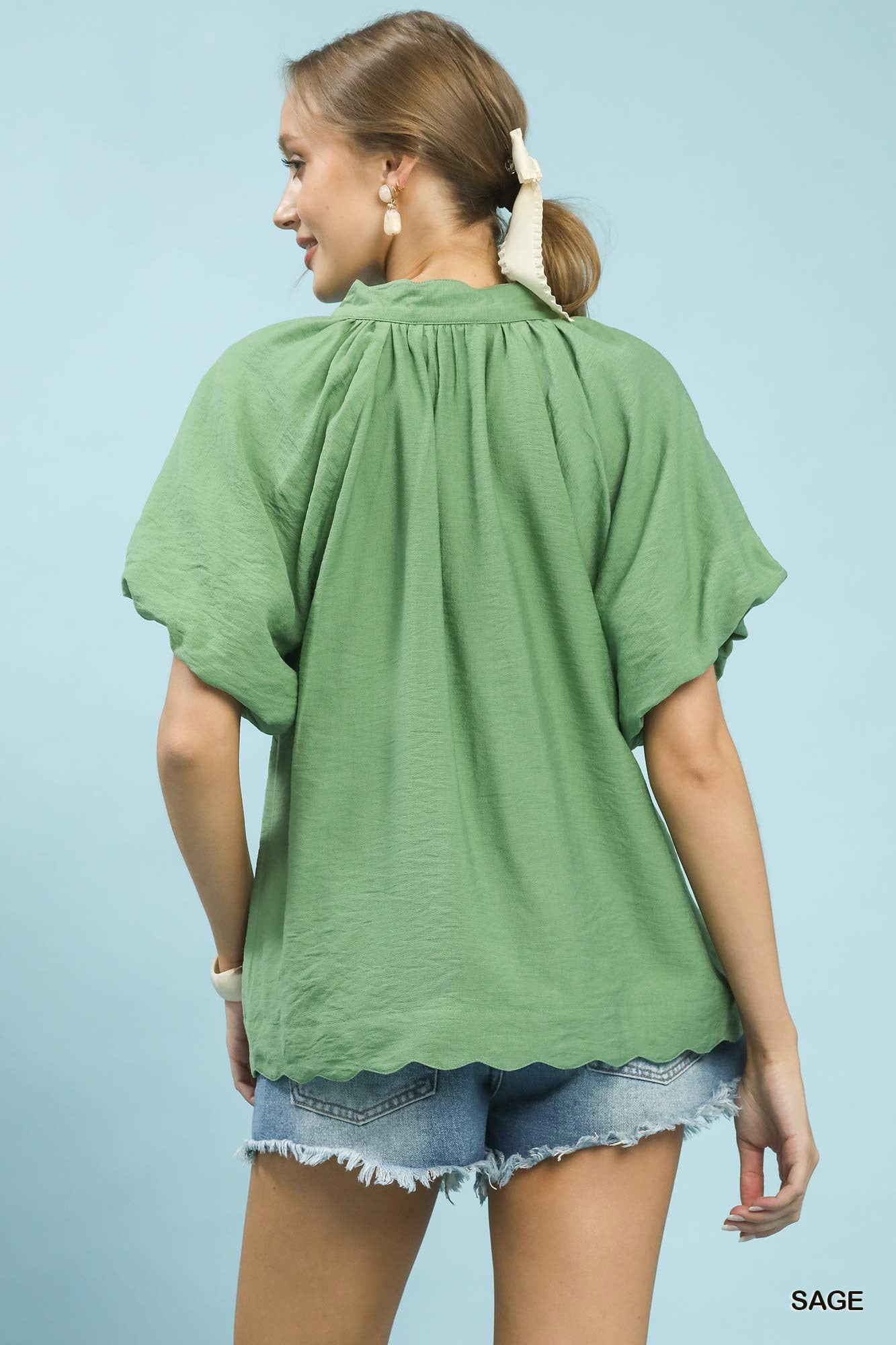 Umgee Floral Embroidered Hem Blouse in Sage