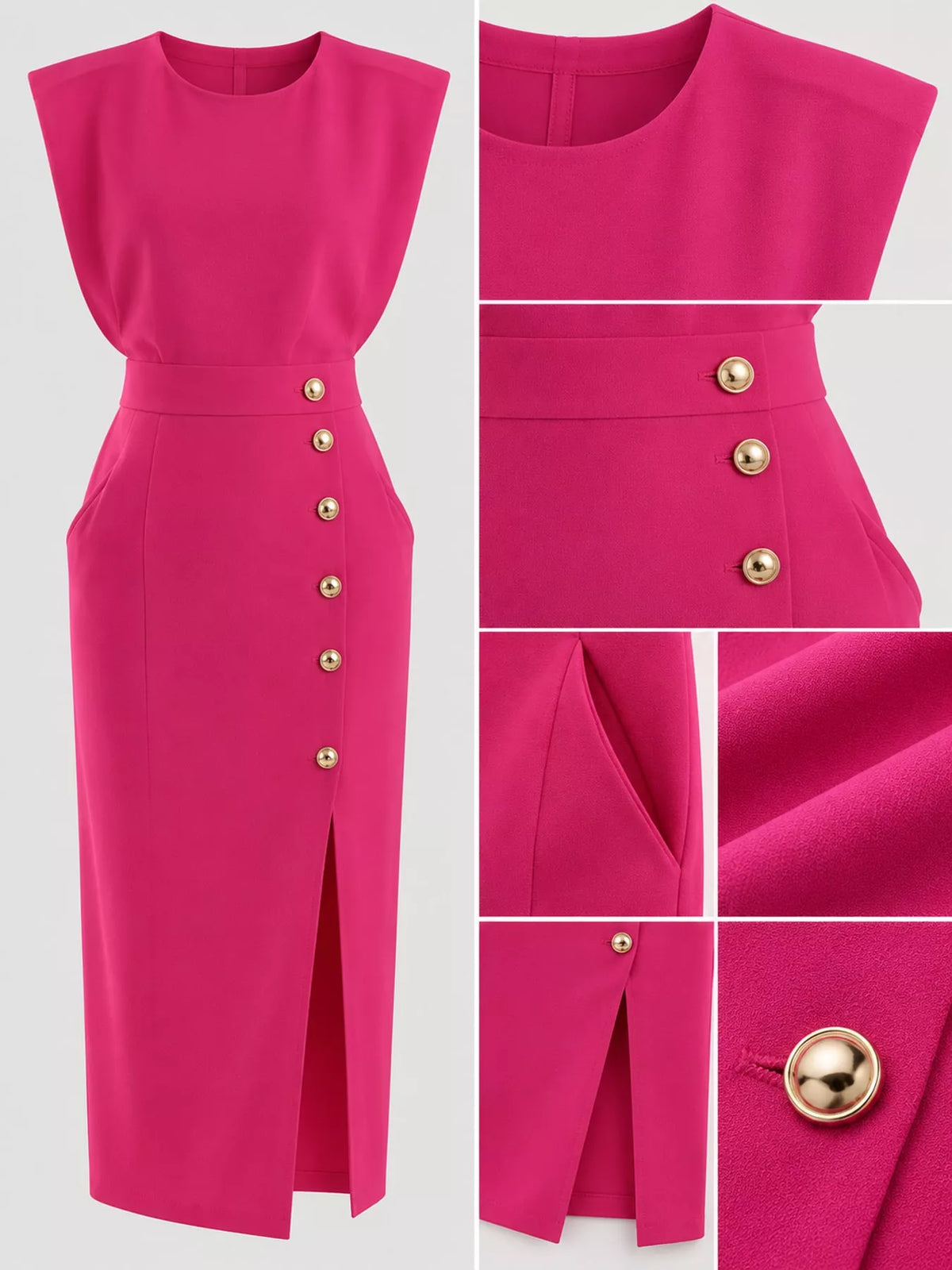 Sleeveless Midi Dress with Gold Button Detail