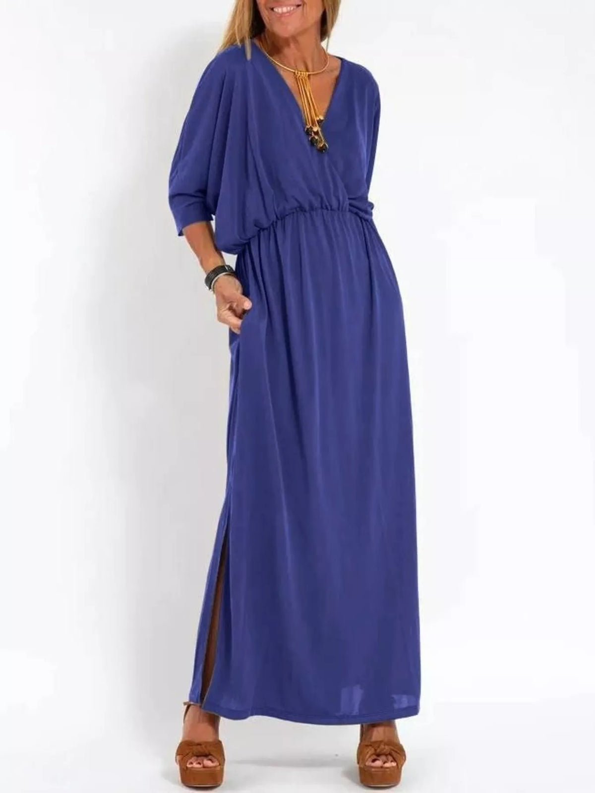 V-Neck Batwing Sleeve Maxi Dress with Pockets