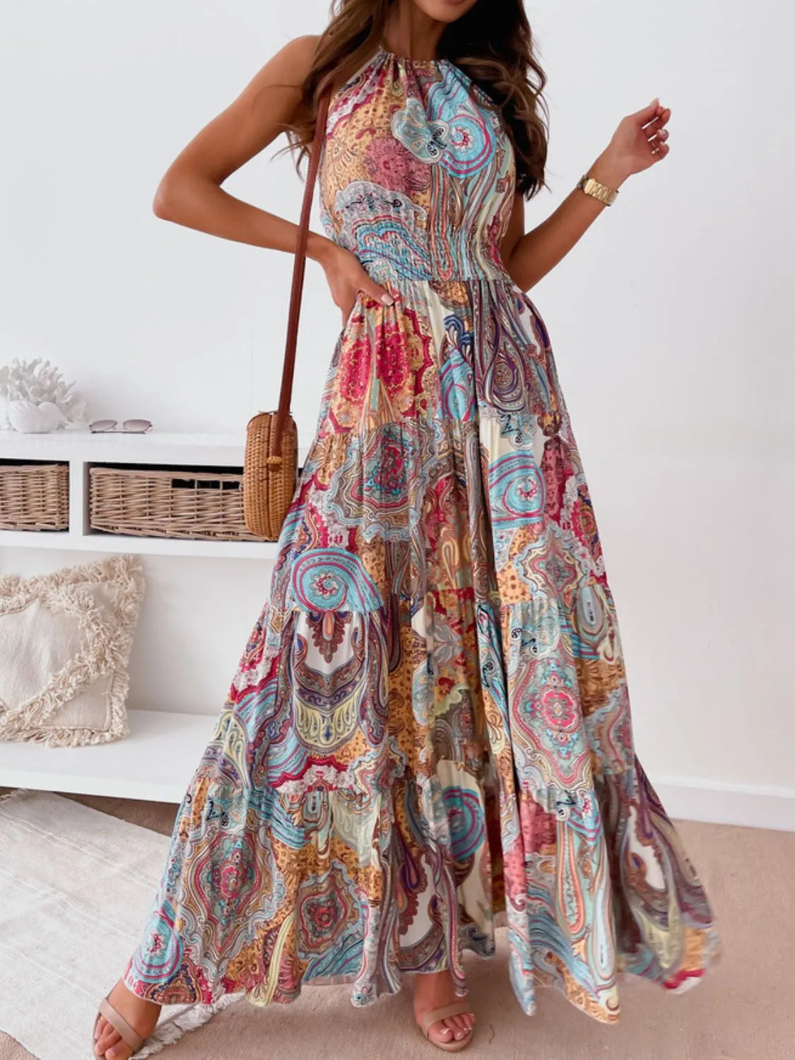Halter Neck Tiered Maxi Dress in Red Flower