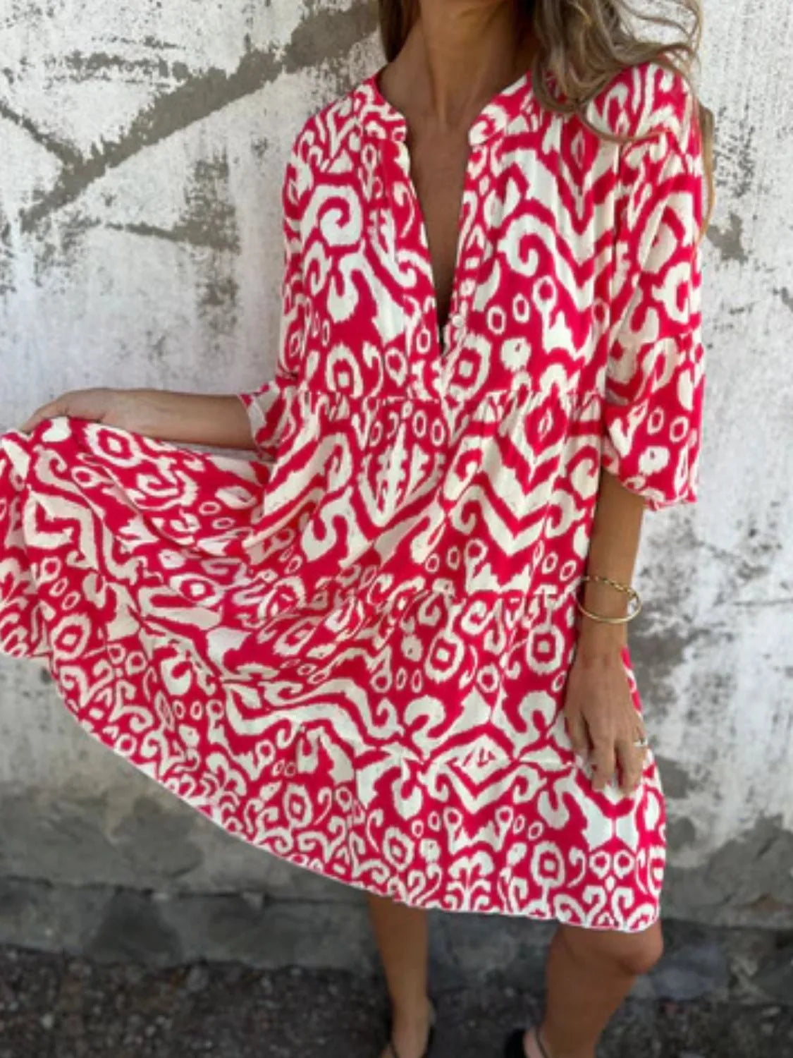 Notched Half Sleeve Printed Plus Size Dress