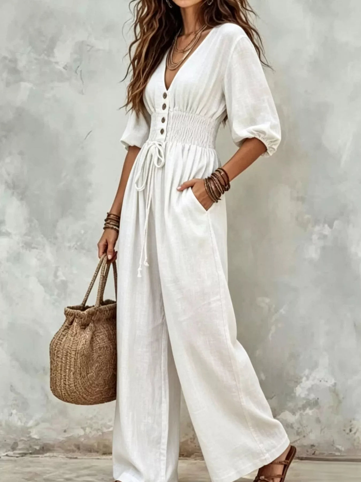 Smocked Waist Wide-Leg Jumpsuit