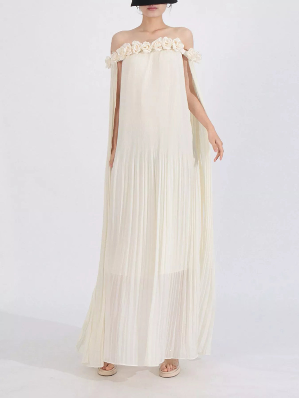 Off-Shoulder Pleated Floral Maxi Dress
