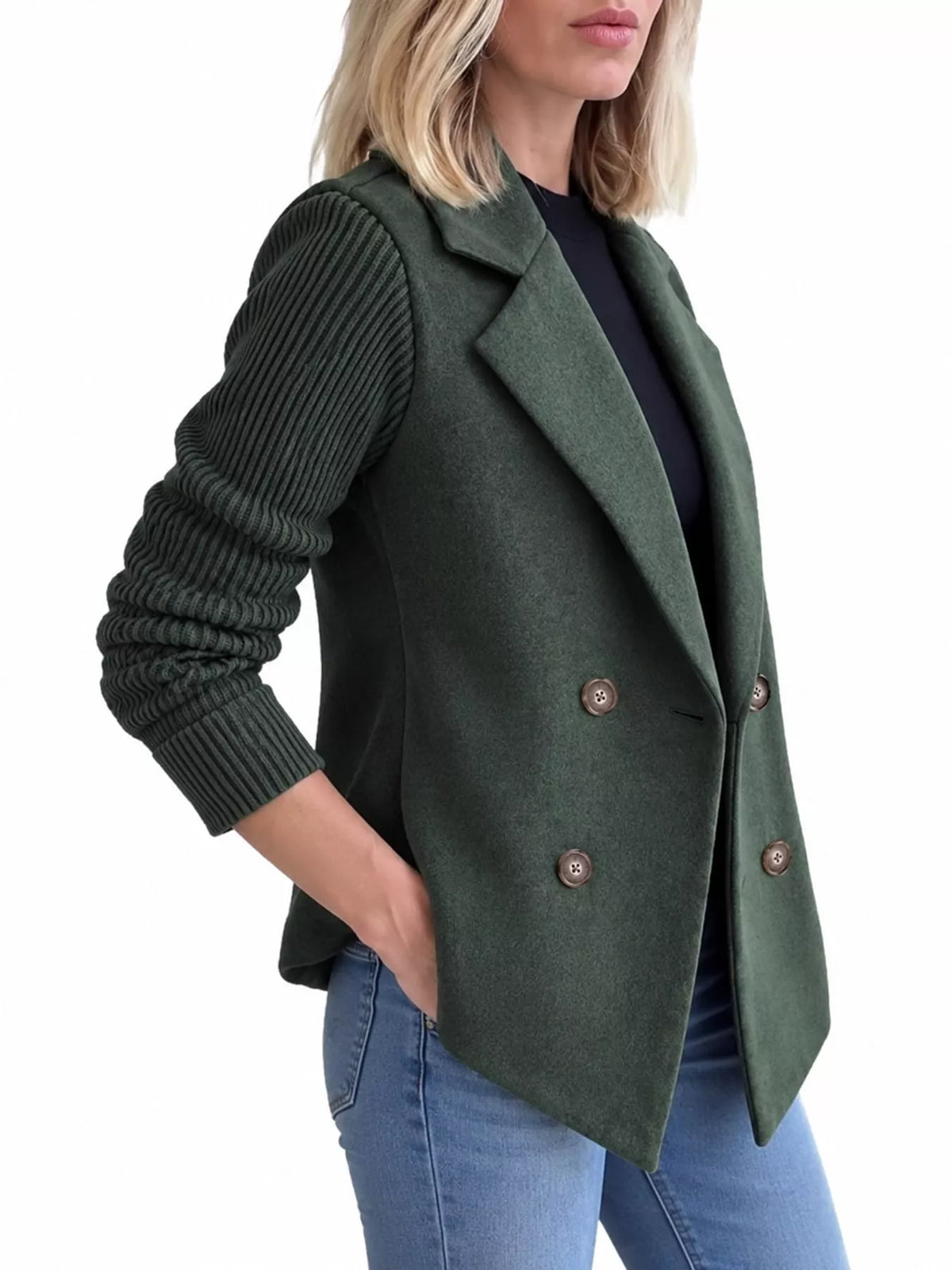 Double-Breasted Hybrid Blazer with Ribbed Knit Sleeves