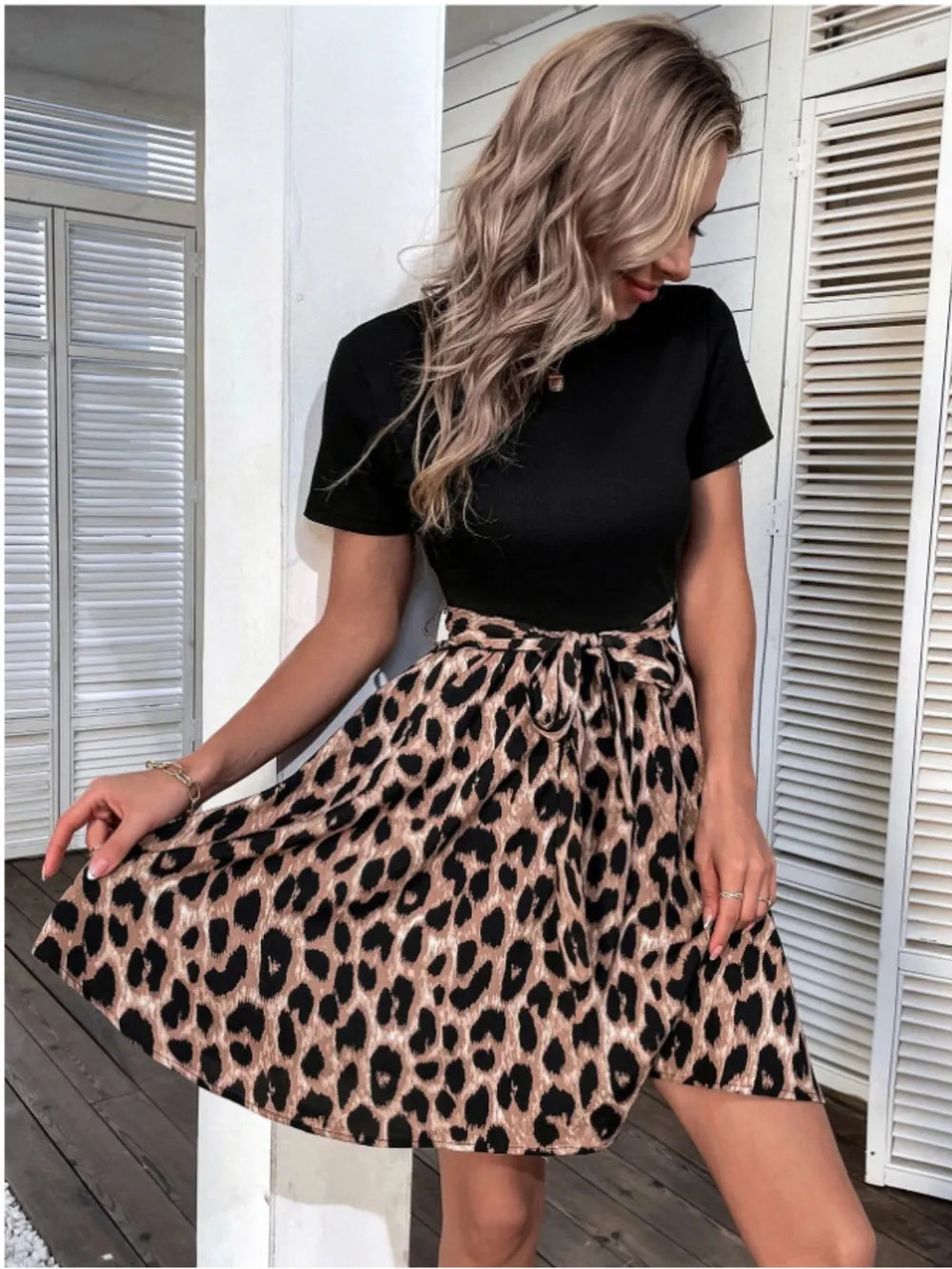 Tied Front Leopard Print Short Sleeve Mini Dress