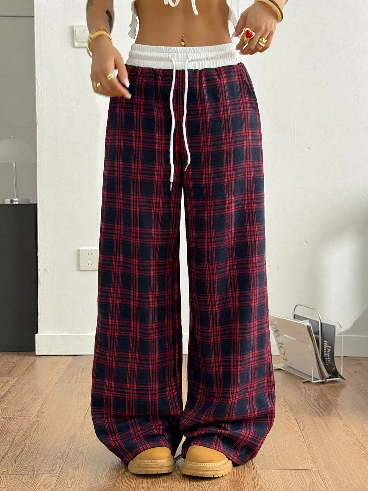 Plaid Drawstring Wide Leg Pants