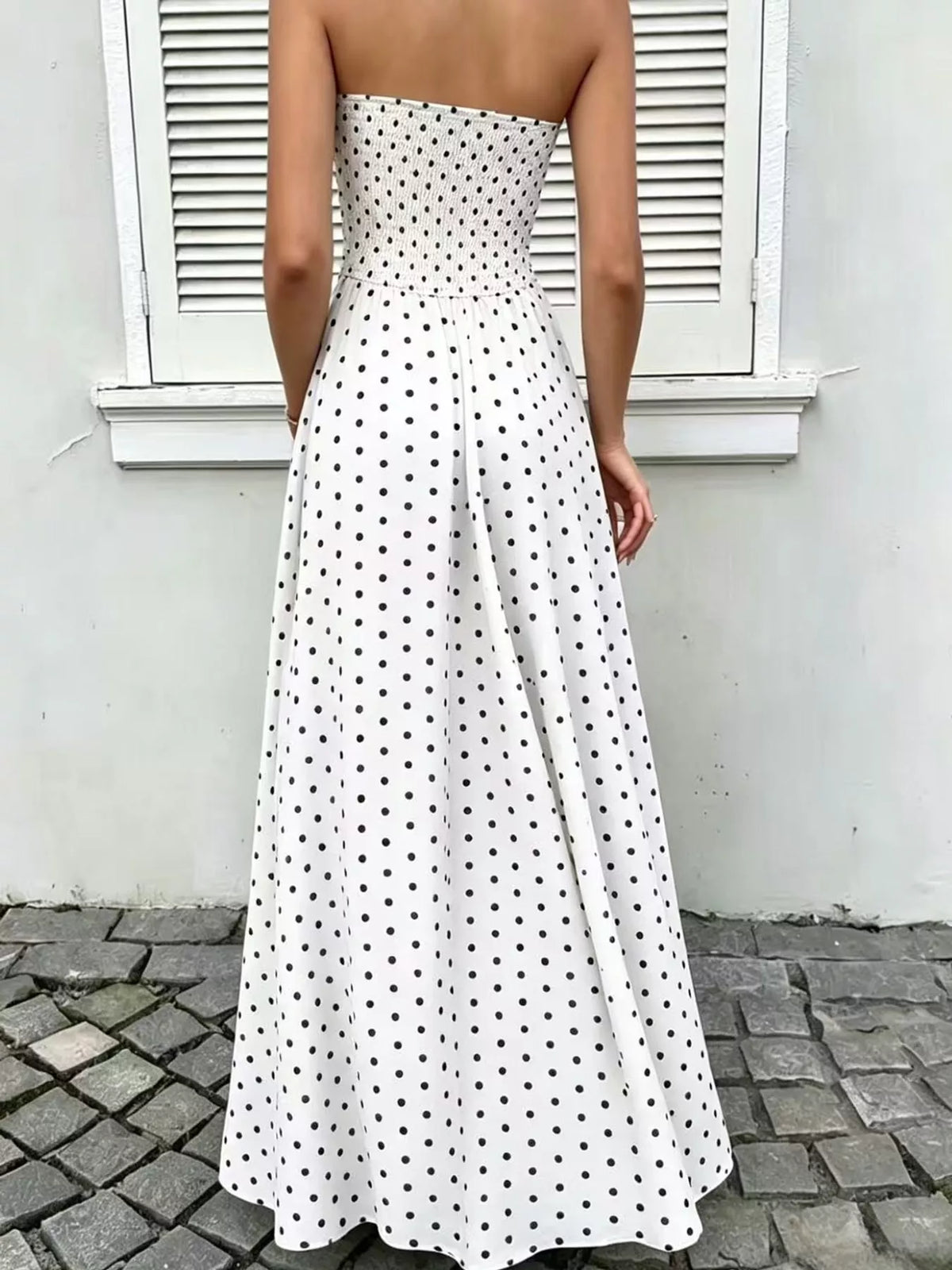 Strapless Polka Dot Ruched Maxi Dress
