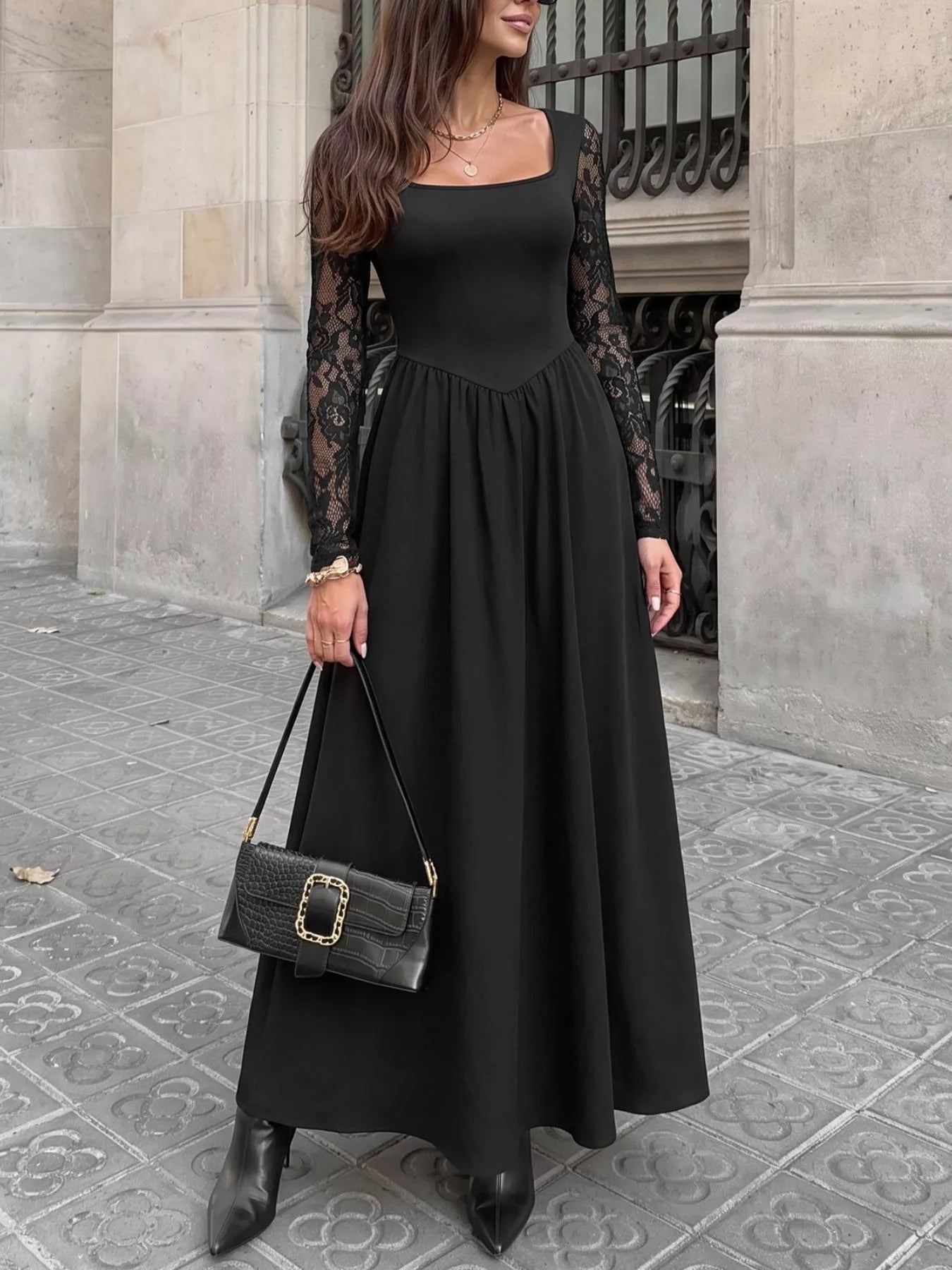 Square Neck Sheer Sleeve Maxi Dress in Black