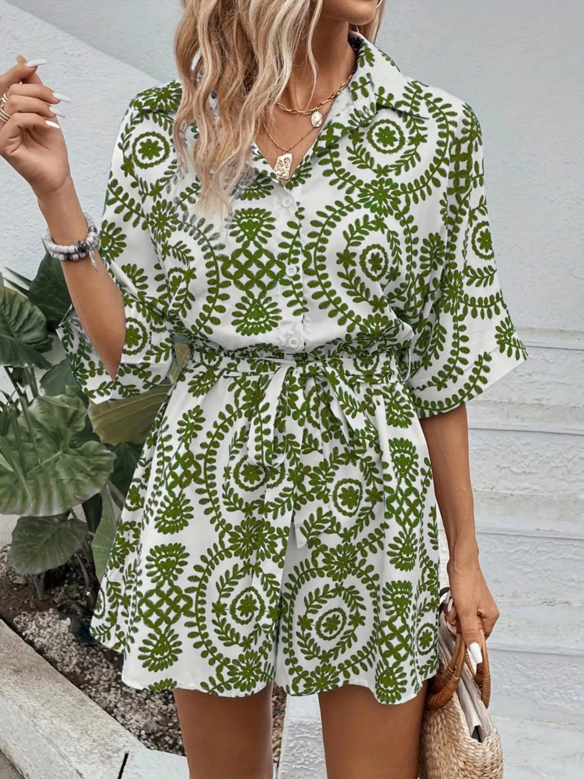 Printed Button Front Tie Waist Romper